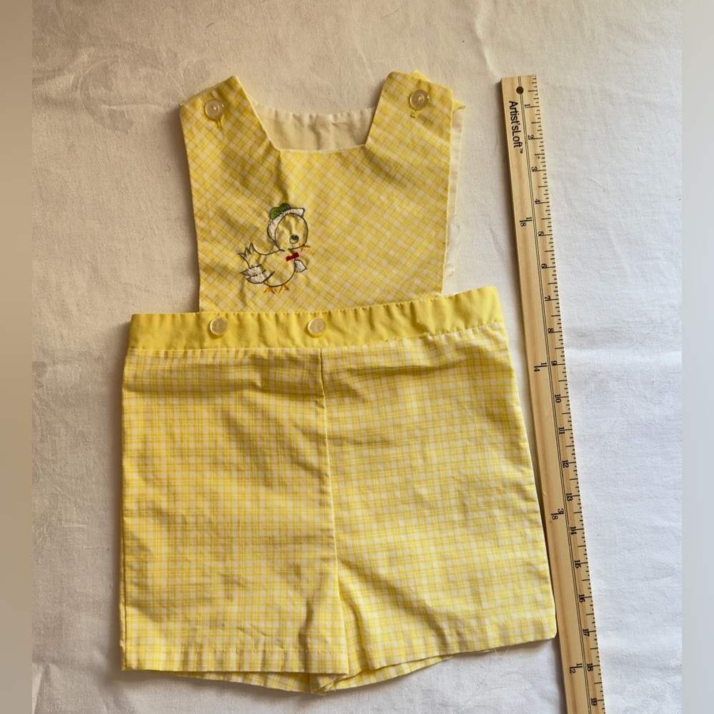 Vintage 1970s Yellow Plaid Baby Overalls with a Baby Duck